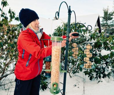 Woman refilling her bird feeders in winter